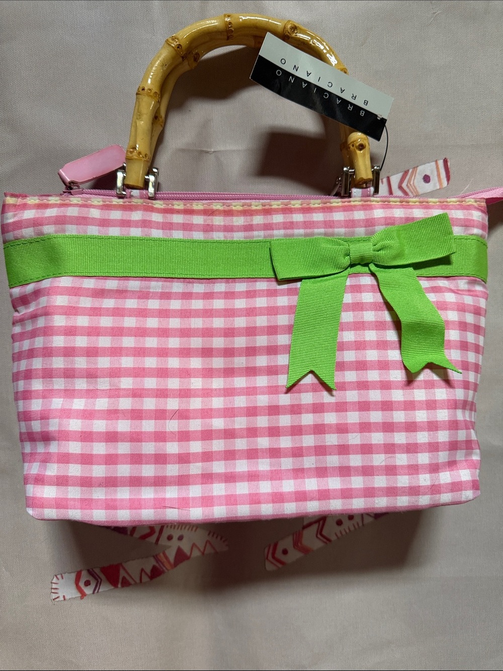 Braciano Pink Gingham Tote with Green Bow and Bamboo Handles